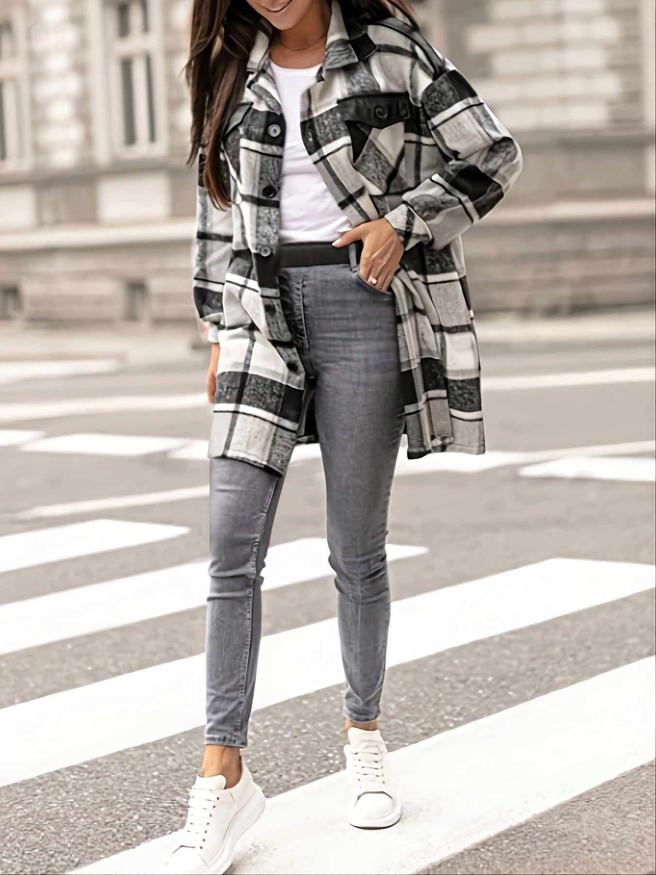 Women's Autumn & Winter Long-Sleeved Plaid Shirt with Suit Collar
