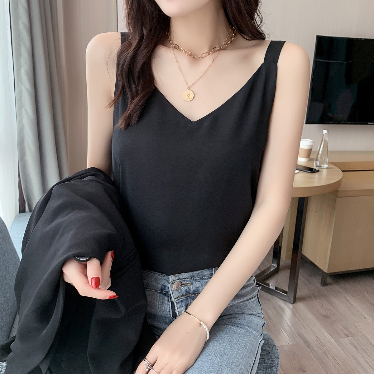 2025 Women's Chiffon V-Neck Double-Layer Camisole - White