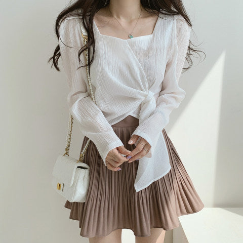 2025 Square Collar Bubble Sleeve Slim Fit Shirt with Straps - Elegant Spring & Autumn Top for Women