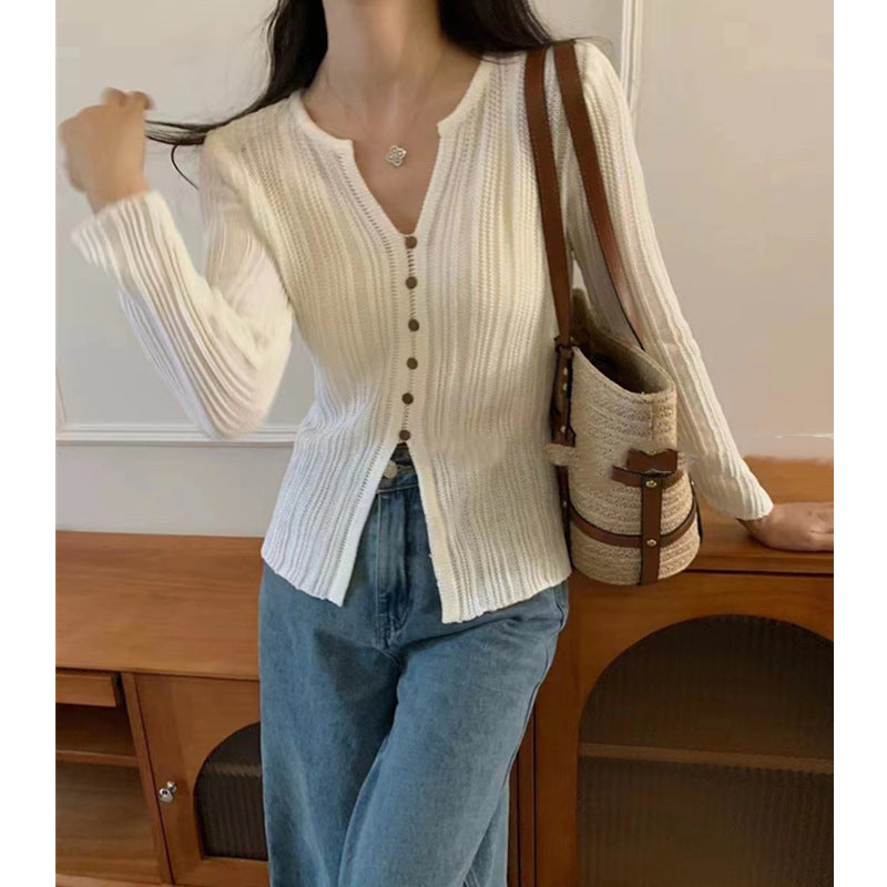 Lazy Style Simple And Versatile Long-Sleeved Knitted Sweater For Women Autumn Wear Temperament V-Neck Slim Fit Top