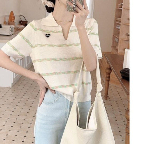 2025 Spring & Summer Women's Lapel Striped Slim Fit Long Sleeve Top - Commuter Chic Edition