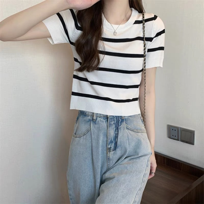 Short Striped Knitted T-Shirt for Women - New Summer Style