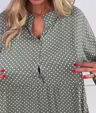 Women's Summer Printed Stand-Up Collar Polka Dot Button Loose Dress