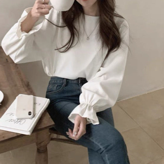 Women's Loose-Fit Trumpet Sleeve Round Neck Solid Color Blouse
