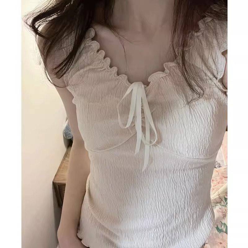 Summer Sweetheart Camisole - Pleated Wood Ear Edge with Bow & Lace-Up Design