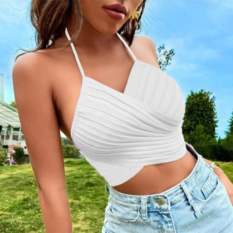 2025 Summer Women's Cross-Strap Halter Top - Trendy Open-Back Sleeveless Design for Casual & Beachwear