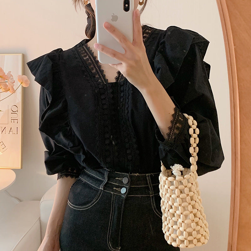French-Inspired Lace V-Neck Ruffle Blouse - Loose Fit Puff Sleeve Casual Shirt