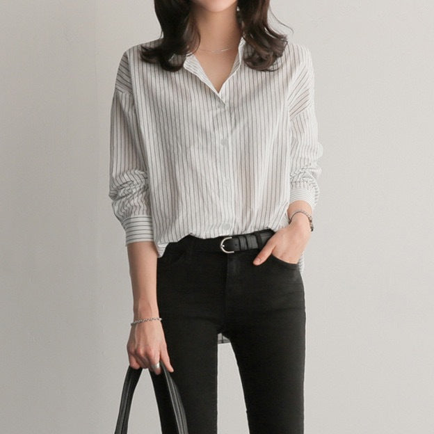 Simple Versatile Striped Shirt - Loose Fit, Long Sleeves, Shirt Collar | 2024 Spring & Autumn Style