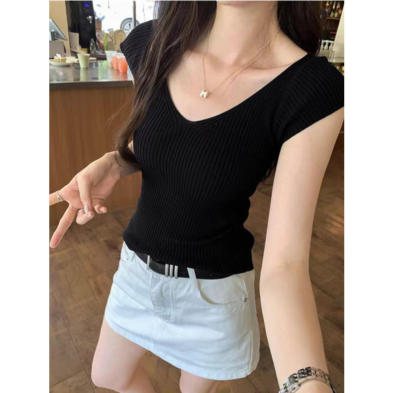 Pure Desire Style V-Neck Short-Sleeved Knitted T-Shirt - Effortless Chic, Everyday Comfort