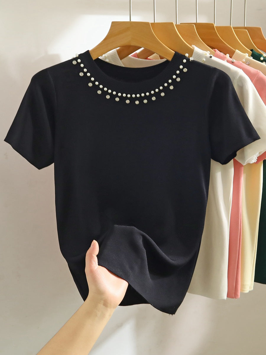 Women's Summer White Beaded Knit T-Shirt - Short Sleeve, Straight Shoulder, Short Top