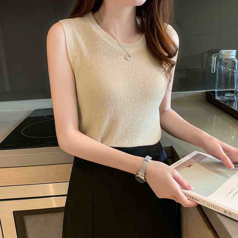 Women's Bright Silk Camisole Vest with Knitted Bottoming Shirt - Sleeveless Summer Essential