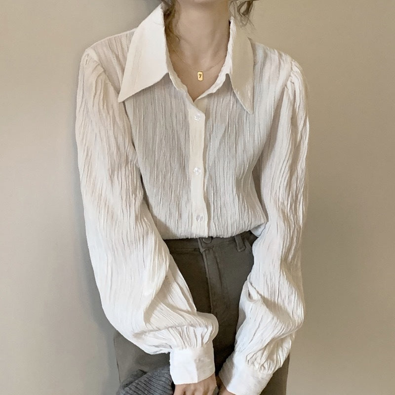 Textured Puff Sleeve Long-Sleeved Shirt - Loose Fit, Commuting Chic Style