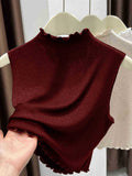 Women's Sleeveless Knitted Bottoming Shirt - Thin Vest with Slim Half-High Collar & Ruffled Edge