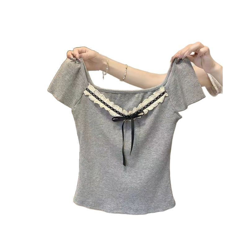 Women's Bowknot Lace V-Neck Slim Fit Knitted Short-Sleeved Sweater Top - Summer Chic