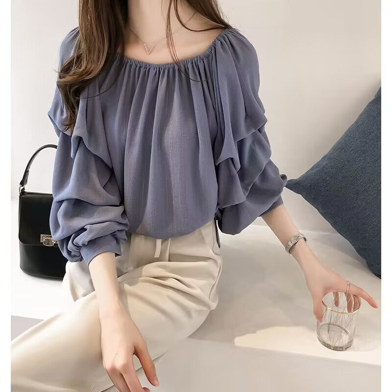 Women's One-Shoulder Bubble Top - Off-Shoulder Loose Fit with Slim Solid Bottom