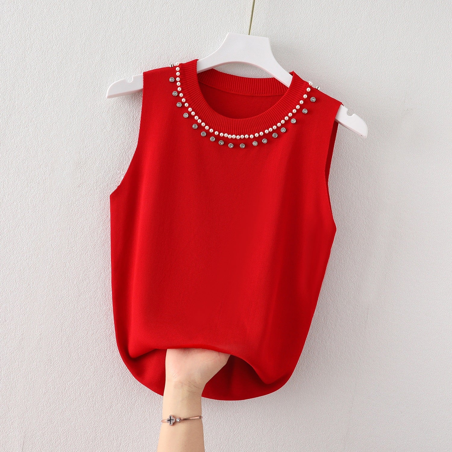 Women's Knitted Sleeveless Vest - Summer Beaded Round Neck Top, Lightweight Inner Bottoming Shirt