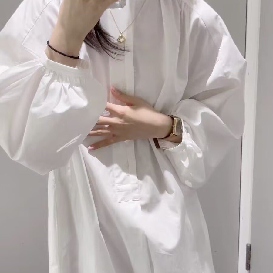 French Spring Puff Sleeve Shirt Dress - Casual Fit with Stand Collar Elegance