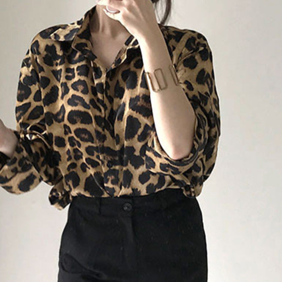 Leopard Print Shirt - Lapel, Loose Fit, Long-Sleeved All-Match Top for Women
