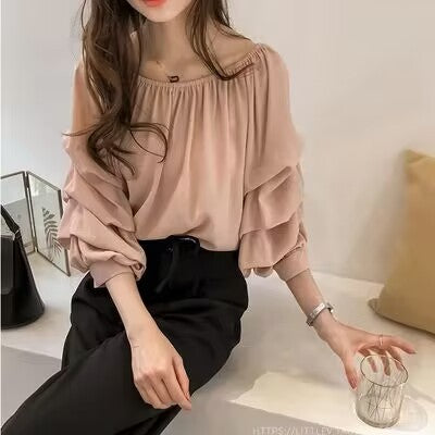 Chic One-Shoulder Bubble Top - Slim Fit, Solid Color Bottoming Shirt
