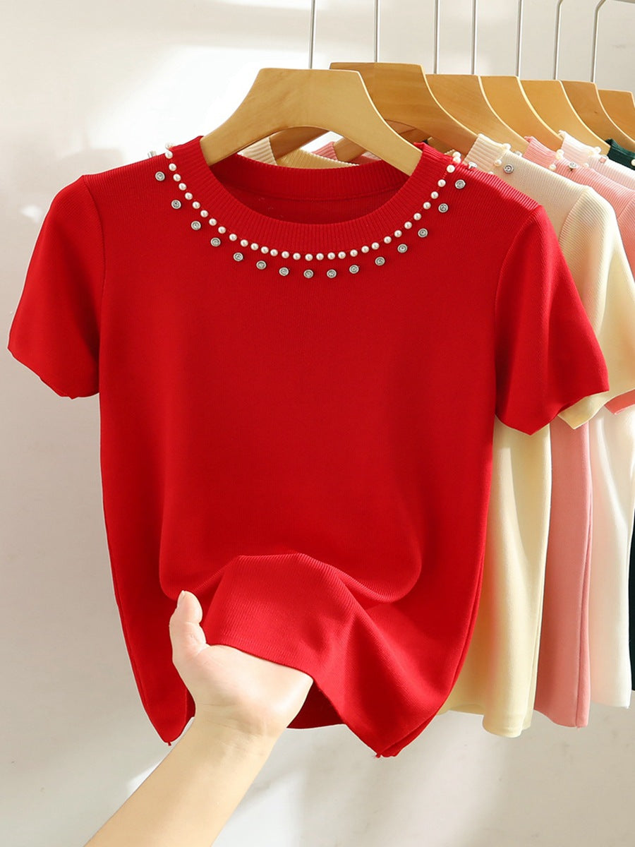 Women's Summer White Beaded Knit T-Shirt - Short Sleeve, Straight Shoulder, Short Top