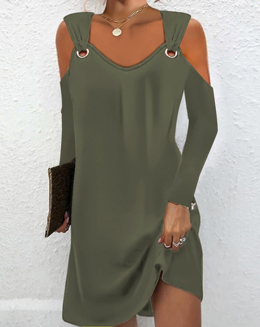 Autumn Solid Color V-Neck Button Dress for Women with Metal Buttons