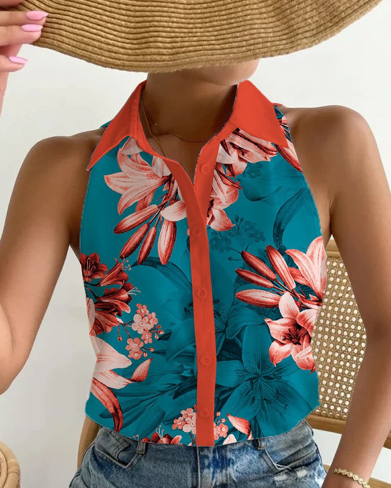 Women's Summer Casual Off-Shoulder Sleeveless Shirt - Fashion Abstract Print Top