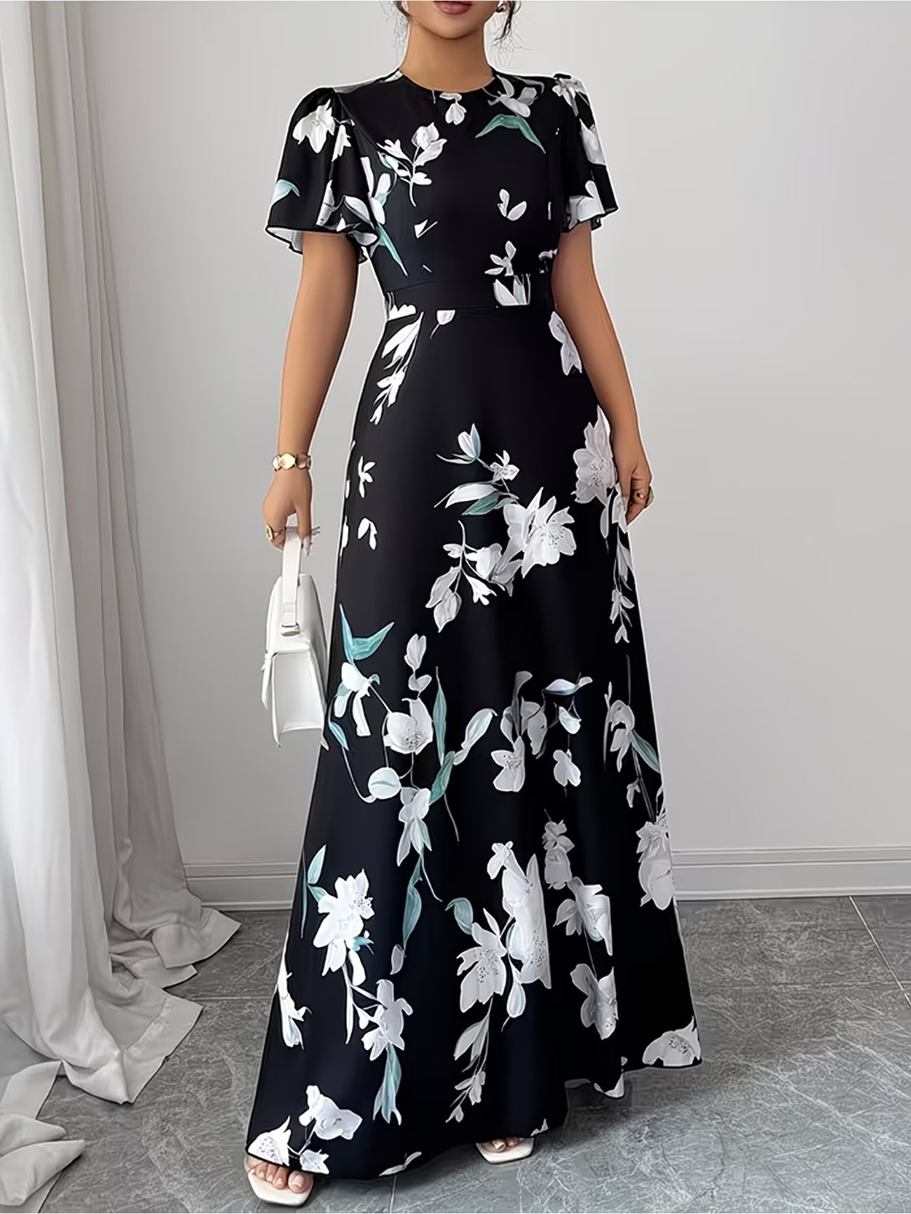 Women's Short-Sleeve Printed Beach Maxi Dress for Summer