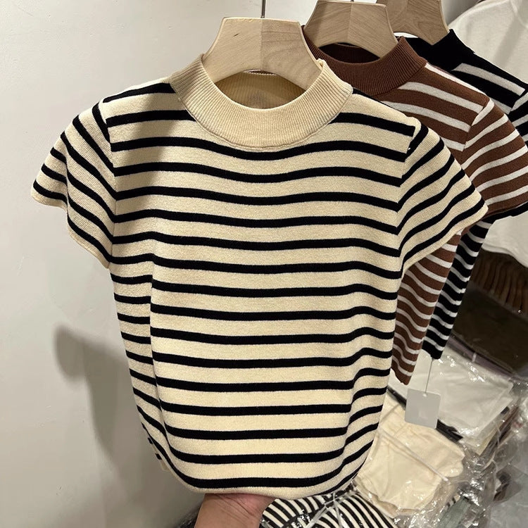 Half Turtleneck Striped Sweater - Flying Sleeves, Slim Fit Short-Sleeved Top for Women