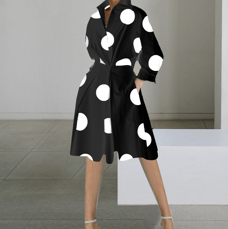 Autumn Elegance: Women's Long-Sleeved V-Neck Printed Mid-Length Dress