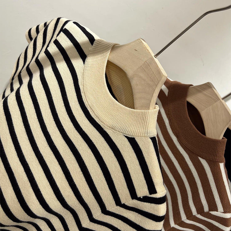 Half Turtleneck Striped Sweater - Flying Sleeves, Slim Fit Short-Sleeved Top for Women