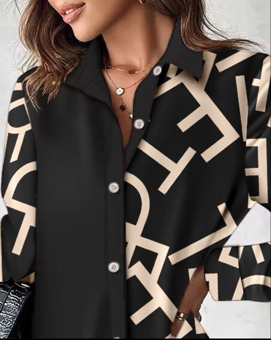 Autumn and Winter Long-Sleeved Printed Stitching Button Dress – Women's Shirt Dress