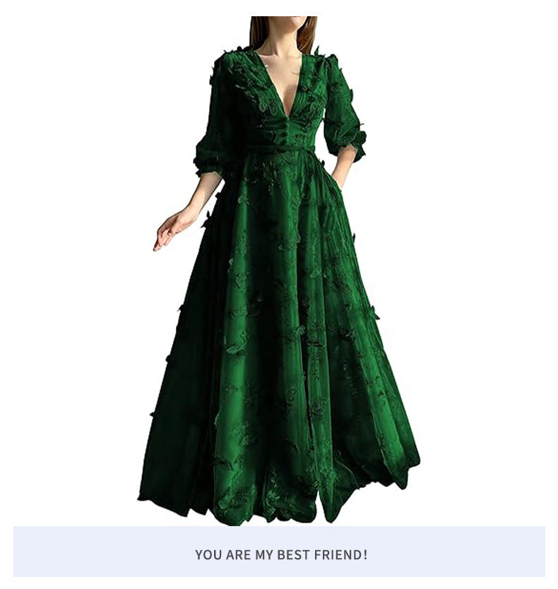 Luxury French Green Evening Dress for Women – Elegant Niche Banquet Gown, High-End Birthday Host Dress