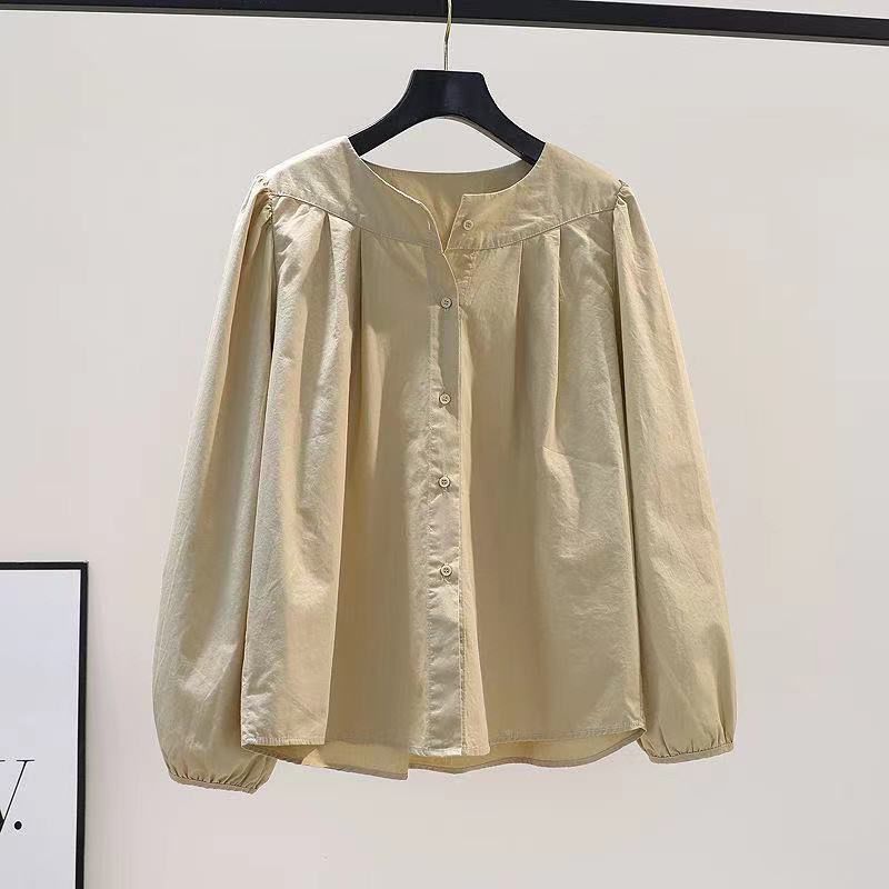Khaki Pleated Cotton Blouse - Lantern Sleeve Elegance