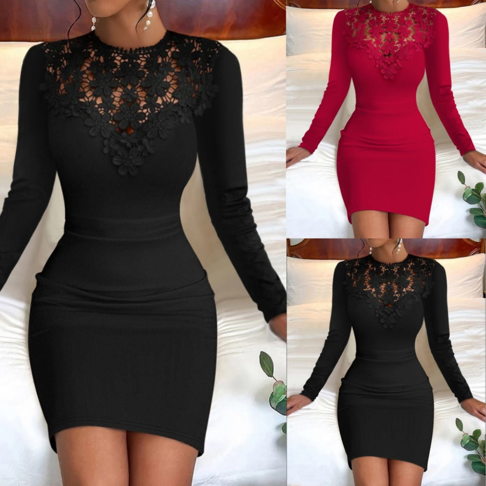 Elegant Lace Long Sleeve Hip-Waist Dress – Autumn & Winter Collection