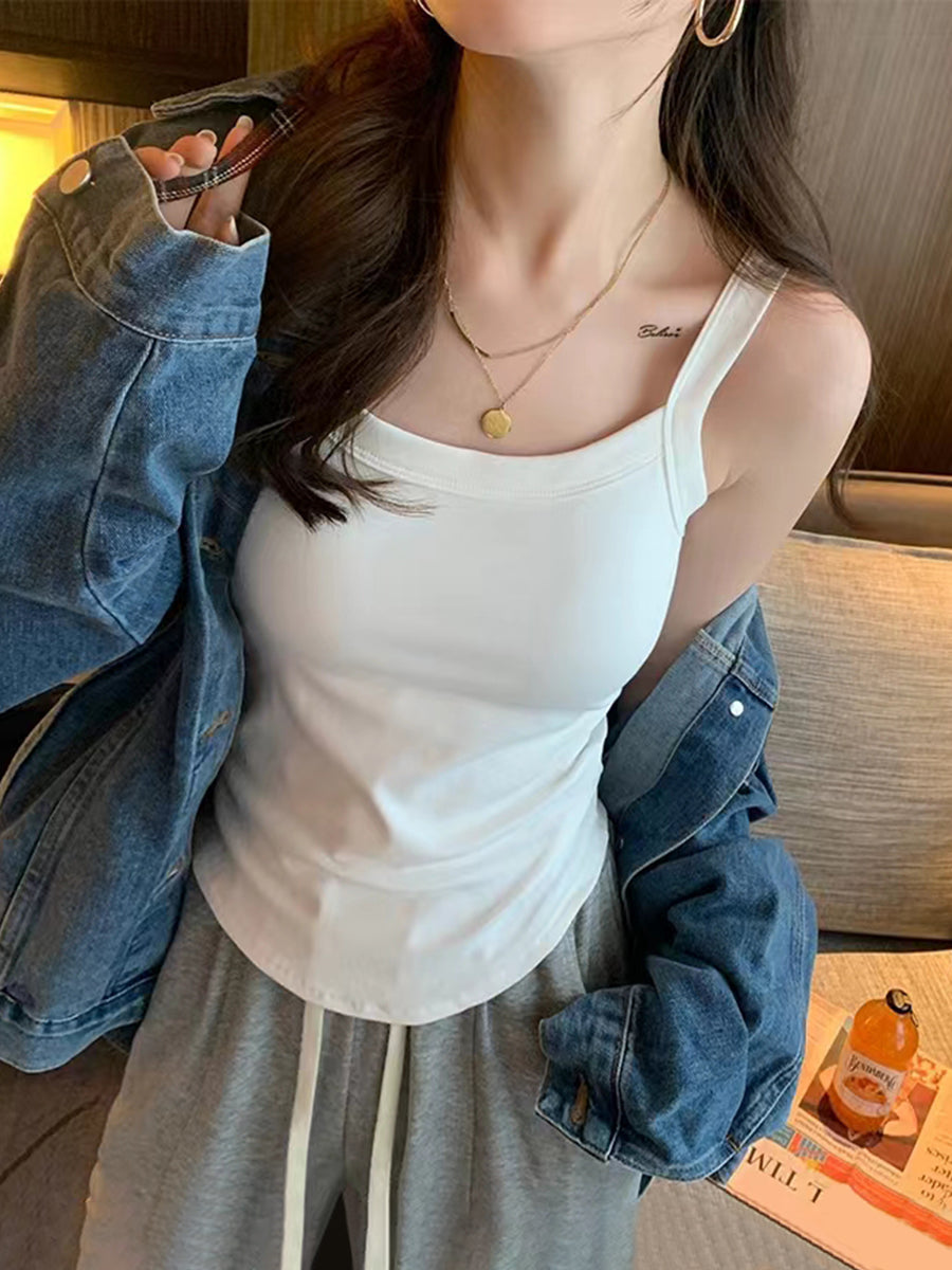 White Summer Camisole - Chest Pad Integrated Outerwear Top for Fat MM Girls