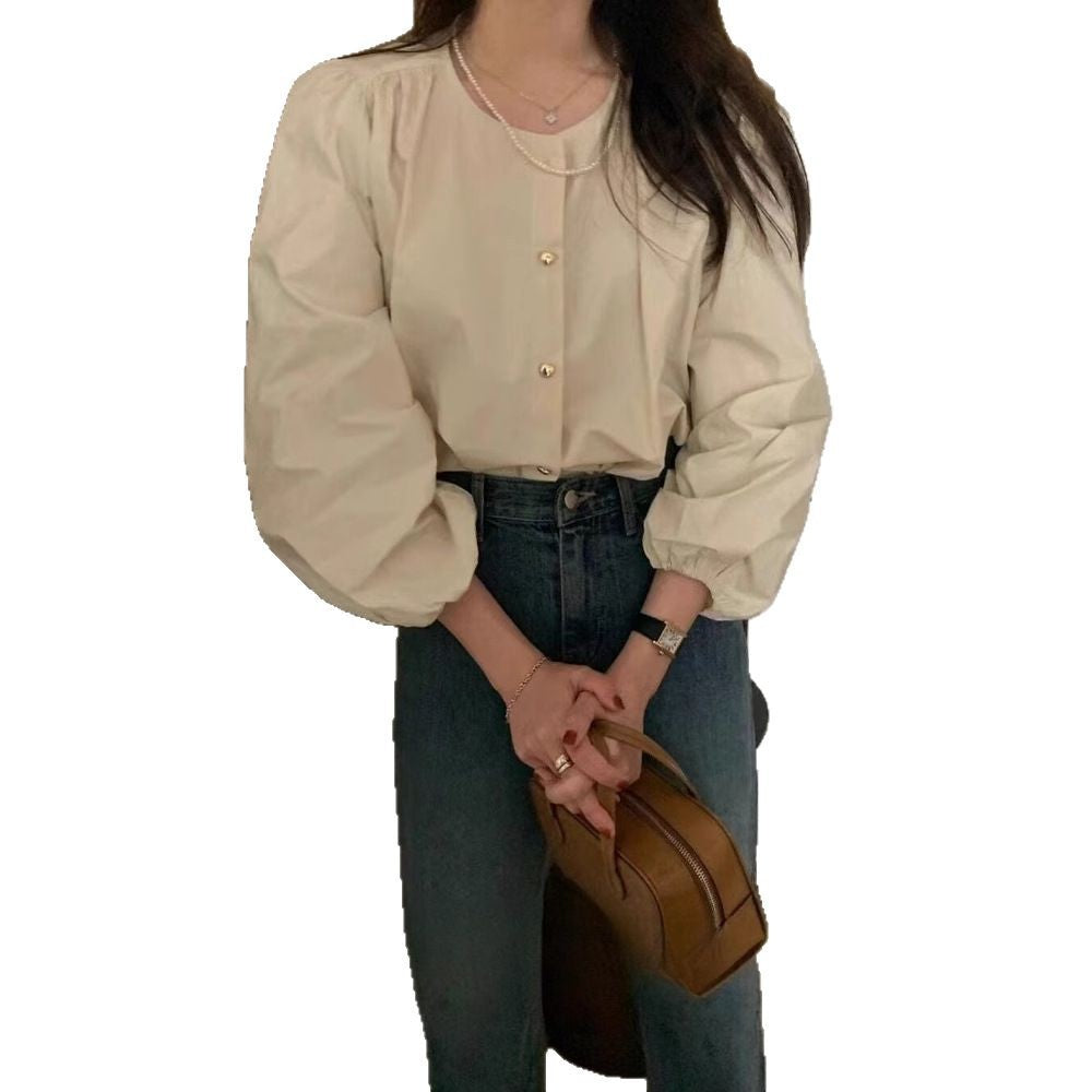 Women's Spring & Summer Niche Design Shirt - Long Sleeve Round Neck Blouse with Love Buttons