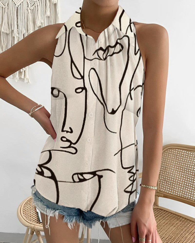Women's Summer Casual Off-Shoulder Sleeveless Shirt - Fashion Abstract Print Top