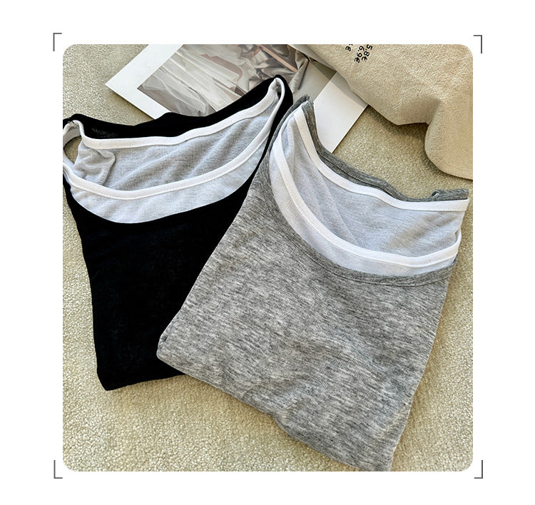 Women's Splicing Fake Two-Piece Sleeveless Sports Vest - Loose Fit Summer Slim Top