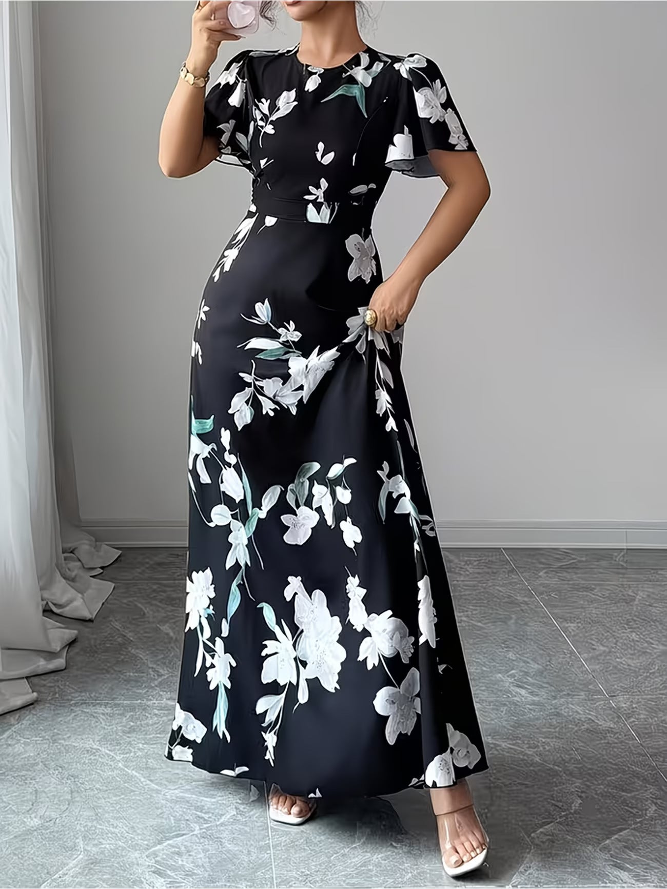 Women's Short-Sleeve Printed Beach Maxi Dress for Summer