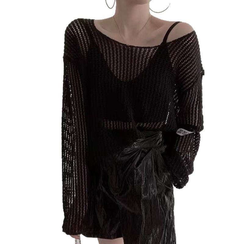 Summer Simple Round Neck Pullover - Loose Thin Hollow Perspective Sunscreen Knitted Sweater Blouse for Women