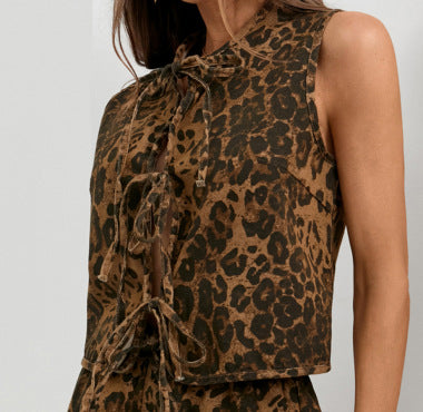 Women's Summer Washed Leopard Print Denim Vest and Shorts Set - 2-Piece Bow Tie Suit