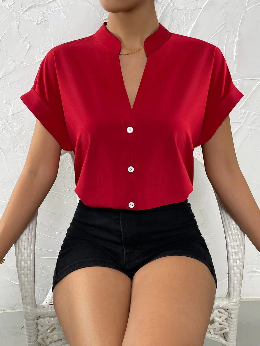 Women's Summer V-Neck Blouse - Lightweight Simple Short Sleeve Shirt for Everyday Wear