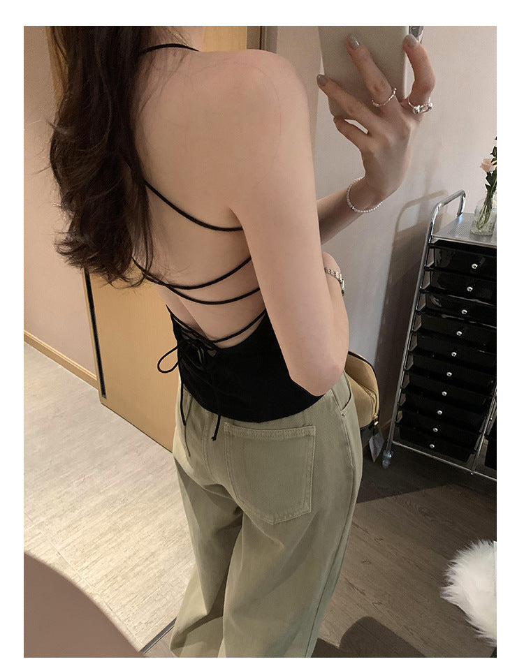 Women's Backless Strappy Camisole with Chest Pads - Slim Fit Sleeveless Summer Crop Top