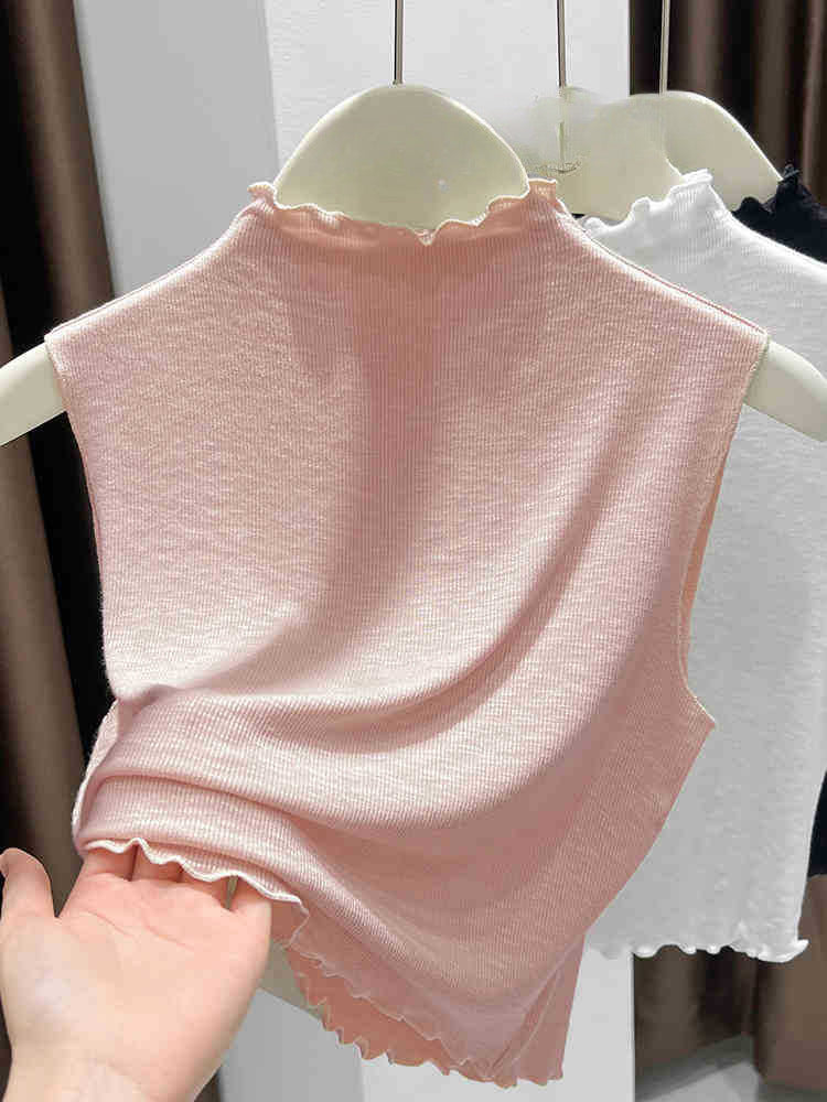 Women's Sleeveless Knitted Bottoming Shirt - Thin Vest with Slim Half-High Collar & Ruffled Edge