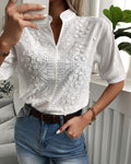 V-Neck Embroidered Lace Blouse - Elegant Stand-Up Collar Women's Shirt