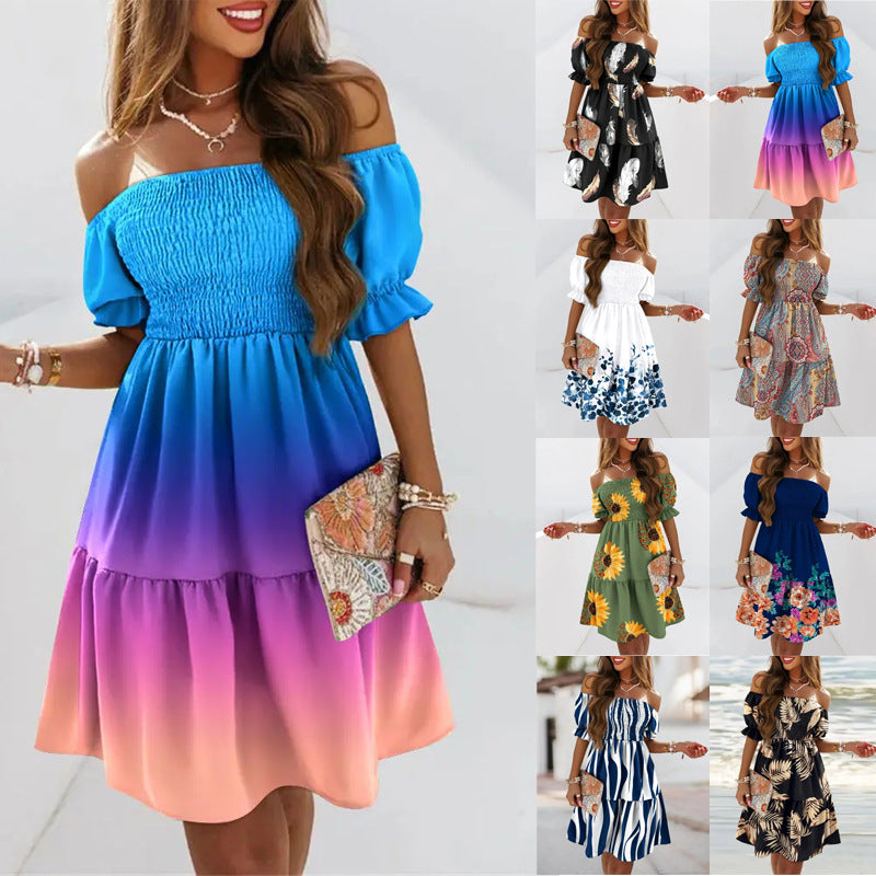 New Fashionable One-Shoulder Short-Sleeved Pleated Waist Print Dress – Fresh & Stylish