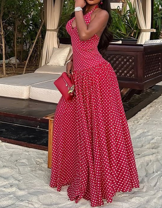 Summer Polka Dot Halter Neck Backless Slim Fit Elegant Dress