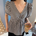 Summer V-Neck Puff Sleeve Plaid Shirt - Sweet & Simple Versatile Top for Women