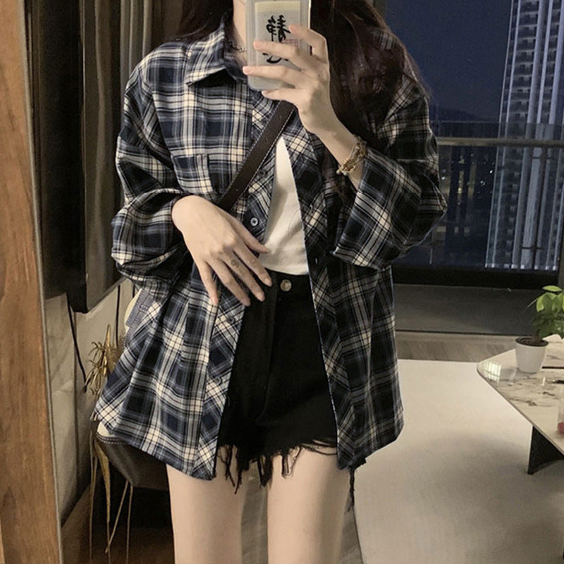 Women's Blue Plaid Loose Shirt Jacket - Oversized Casual Shacket Top