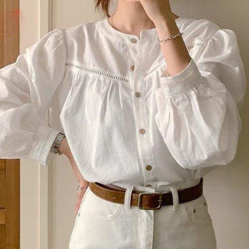 Women's Lace Splicing Shirt - Hollow Out Solid Color Blouse for Spring & Autumn